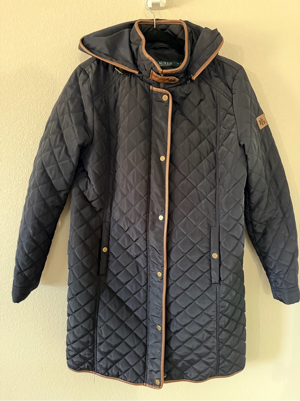 Lauren Ralph Lauren Navy Quilted Hooded Long Puffer with Tan Trim